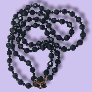 Vintage Black Glass Bead‎ 2-Strand Fancy Clasp Necklace 19"